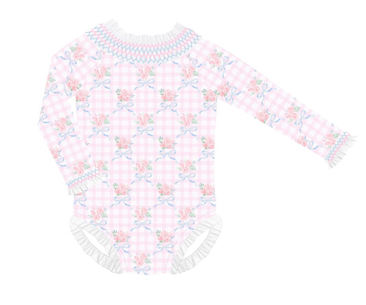 Pink Gingham and Floral Smocked Swim