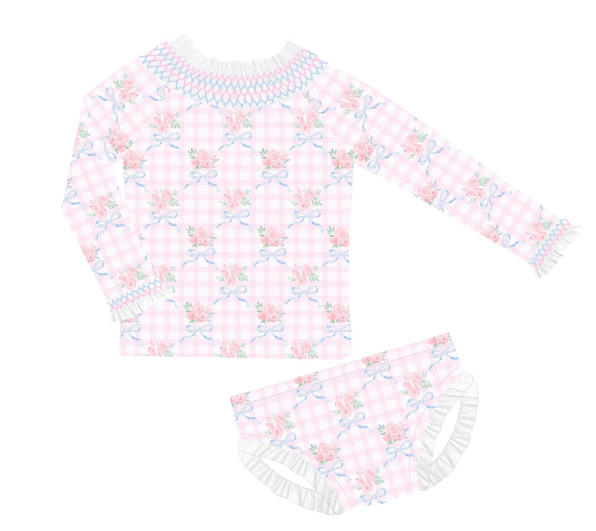 Pink Gingham and Floral Smocked Swim