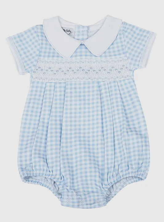 Smocked Blue Gingham Pima Bubble